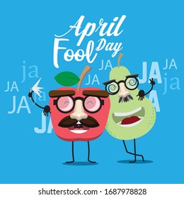 Mr. apple and mr. pears smile for a selfie for fools day. cartoon character design