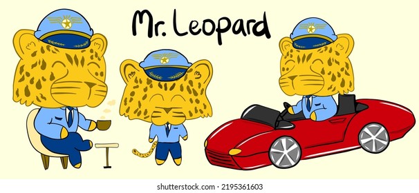 Mr Baby Leopard The Pilot driving a car, Vector Illustration for Kids watercolor vector art hand drawn painting