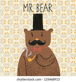 Mr bear. Cute cartoon bear in classical style with top hat, smoking pipe, bow-tie and nice mustache. Vector cartoon character on vintage seamless pattern