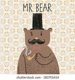 Mr Bear. Cute cartoon bear in classical style with top hat, smoking pipe, bow-tie and nice mustache. Vector cartoon character on retro pattern