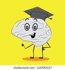 Mr. Brain Smart Mascot Character, Vector Illustration On Yellow Background