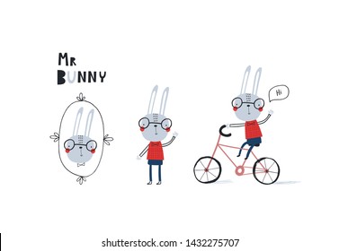 Mr Bunny: set of Baby print illustrations. Hand drawn graphic for typography poster, card, label, flyer, banner, baby wear, nursery.  Scandinavian style. Black and blue. Vector illustration