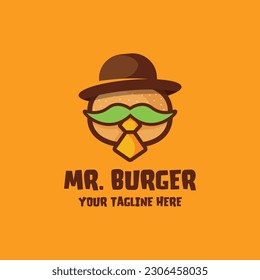 mr burger logo, burger logo with formal clothes and tie cartoon style illustration icon, Mr Burger Template Design, Mustache burger logo icon vector. mustache icon logo concept.