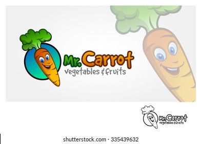 Mr. Carrot Vegetable and Fruits Vector Logo Template. Fresh orange carrot vegetable with a smiling face and tuft of green on top, logo cartoon illustration.