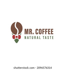 Mr. coffee logo template with coffee bean and tie inside marker symbol. modern vintage coffee shop labels. vector icon illustration