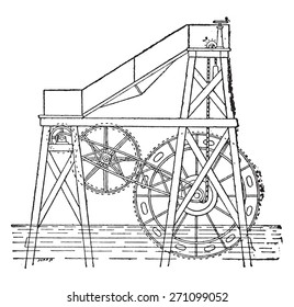 Mr. Colladon floating wheel, vintage engraved illustration. Industrial encyclopedia E.-O. Lami - 1875. 