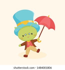 Mr. Cricket with Blue Hat and Red Umbrella