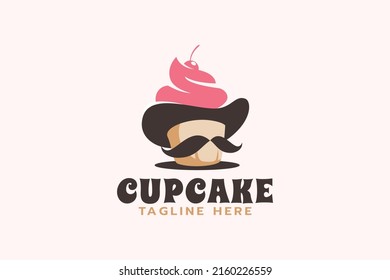 mr. cupcake logo with a combination of a hat, mustache, and cupcake.