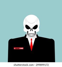 Mr Deadline. Death of a businessman in a suit. Skeleton in an Office suit. Vector illustration.