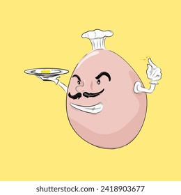 Mr Egg Chef is carrying a plate of fried egg dishes on a yellow background (not an AI image)