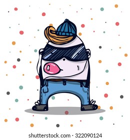 Mr Egg - funny cartoon character. Teenager with player and bubble gum
