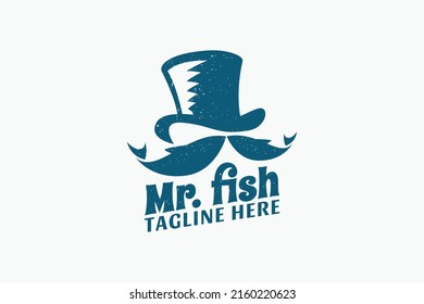 mr. fish logo with a combination of a hat, moustache, and fish.