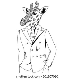 Mr. giraffe business concept - original drawing of giraffe in a suit 