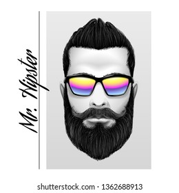 Mr... Hipster slogan. Printing black and white men with beard and mustache in sunglasses.