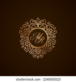 MR letra inicial logotipo de monograma de lujo, joyería de ornamen elegante, emblema de forma de amor corazón