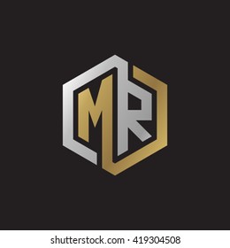 MR initial letters looping linked hexagon elegant logo golden silver black background