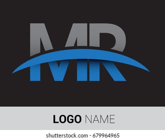 MR initial logo company name colored grey and blue swoosh design.