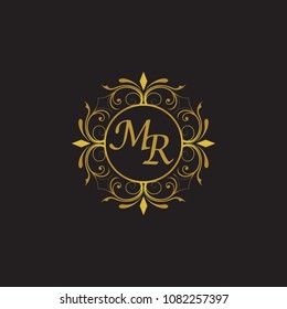 MR Initial logo. Ornament ampersand monogram golden logo black background