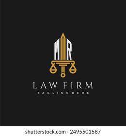 MR initial monogram for lawfirm logo with sword and scale