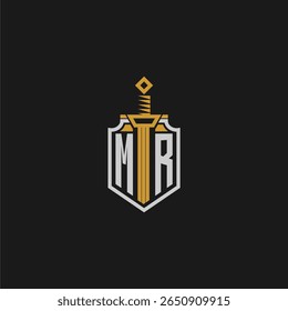 Monograma inicial de MR para imagem em estilo escudo e espada