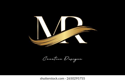 Logotipo do monograma da carta do MR - Marca elegante da carta do traço da escova de ouro para a marca de luxo, Moda, Boutique Premium Identity Design
