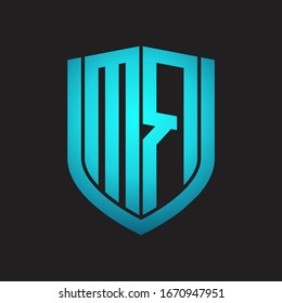 MR Logo monogram with emblem shield design isolated with blue colors on black background