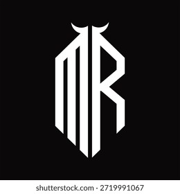 MR Logo monogram with horn shape isolated black and white design template on black background