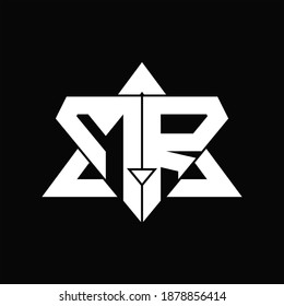 Monograma MR aislado con plantilla de diseño de forma triangular sobre fondo negro