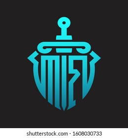 MR Logo monogram with sword and shield combination isolated blue colors gradient