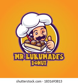 Mr Lukumandes donut logo with chef. Smiling Chef cartoon character. donut logo