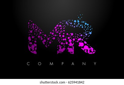 MR M R Letter Logo with Purple Blue Particles and Bubble Dots Design Vector.