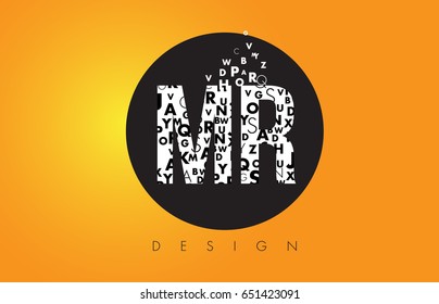 MR M R Logo Design Made of Small Letters with Black Circle and Yellow Background.