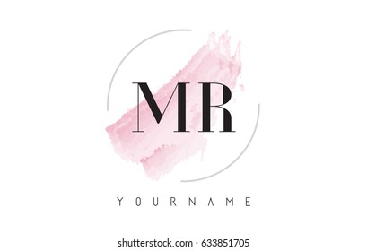 MR M R Watercolor Letter Logo Design with Circular Shape and Pastel Pink Brush.