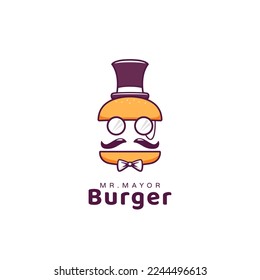 mr mayor burger food restaurant logo icon mascot with mayor hat and glasses cartoon illustration style