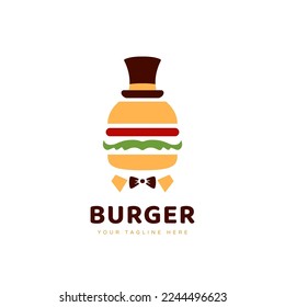 mr mayor burger logo, burger food logo with mayor hat and butterfly tie icon in cartoon style illustration