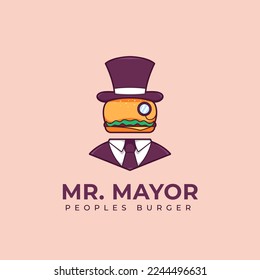 mr mayor burger logo. restaurant burger logo as city mayor mascot cartoon illustration logo icon