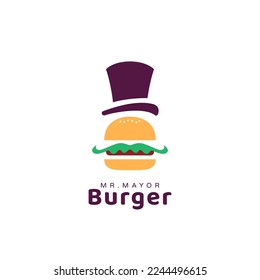 mr mayor street food burger hamburger logo with mayor hat and mustache cartoon style icon illustration
