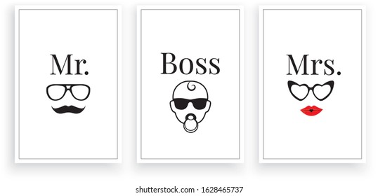 Mr, Mrs and Baby Boss, vector. Scandinavian minimalist wall art design. Three pieces poster design. Fun family wall decoration, wall decals, artwork, fun wall art, home decoration, 