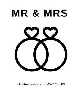 Mr  Mrs, black vector wedding rings flat icon for cards, mock up mug