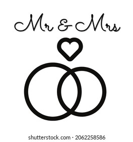 Mr  Mrs, black vector wedding rings flat icon for cards, mock up mug