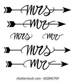 Mr and mrs. Black and white lettering. Decorative letter. Hand drawn lettering. Quote. Retro hand-painted illustration. Decorative inscription. Font with arrow. Love.