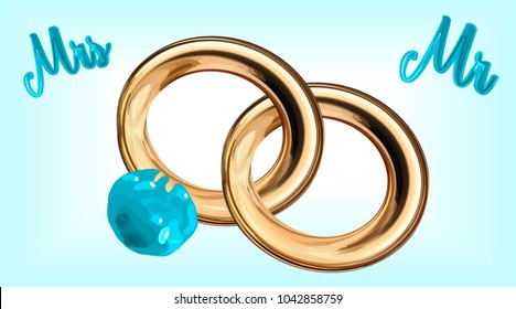 Mr and Mrs. blue letters on a blue background, couple of wedding rings with sapphire for wedding, isolated