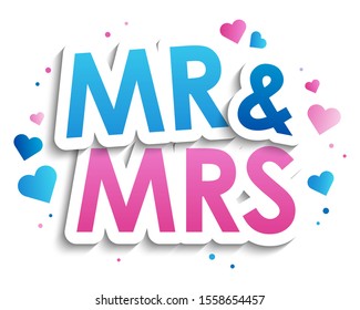 MR & MRS blue and pink vector typography with hearts