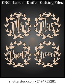 Mr Mrs Bride Groom Wedding Laser Cutting Files - Wedding Sign Laser Cut Design - Wooden Wedding Craft Sign CNC Laser Cut Pattern