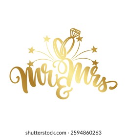 Mr and Mrs cake topper. Gold glitter gradient color.