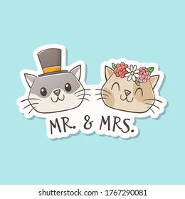 Mr. and Mrs. cat get married. Cute hand-drawn lovely cats with bridal ceremony hats. Cats lovers concept. Couple and marriage concept. Cartoon vector sticker.