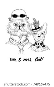 ?ard Mr & Mrs Cats in steampunk style. Persian cat in a suit and hat with glasses and a sphynx cat in a blouse with a lace collar and brooch. White isolated background. For prints, textile design