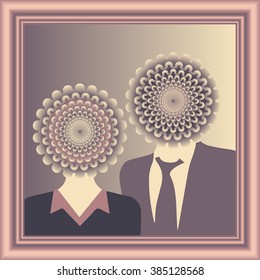 Mr and Mrs Chrysanthemum. A vintage surreal framed portrait of a flower  heads couple in a discolored pink and sepia color palette