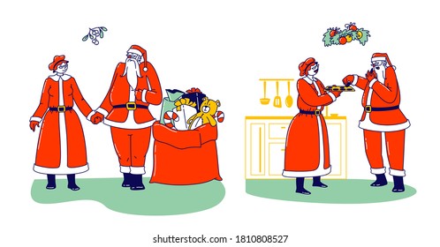 El Sr. y la Sra. Claus Personajes Celebran Las Fiestas De Invierno. Feliz Santa y su esposa dándole la mano, comiendo galletas con regalos en bolsa. Par de cónyuges que aman a la familia navideña. Ilustración de vectores de personas lineales