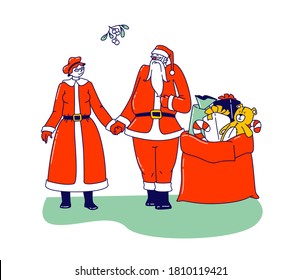 Sr. y Sra. Claus Characters. Feliz Santa y su esposa sosteniendo manos y saludando bajo la rama de Mistletoe con regalos en bolsa. La Familia De Navidad Celebra Las Fiestas De Invierno. Ilustración de vectores de personas lineales